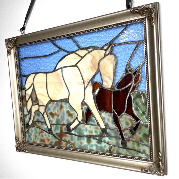 Framed Hanging Stained Glass Western Horses Handmade Wall Art - One of A Kind - Picture 4 of 12